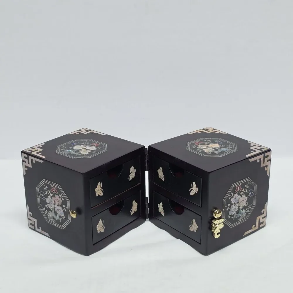 Vintage Korean Traditional Mother Of Pearl Inlay Twin Cube Folding Jewelry Box